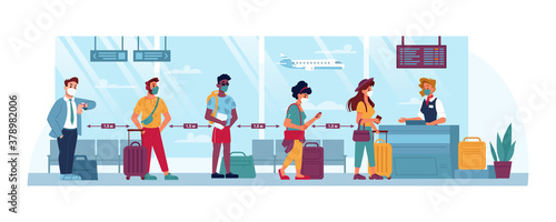 Airport, people in masks, travel and social distance, coronavirus safety vector cartoon flat. People at airport social distance line boarding to flight with luggage, covid 19 epidemic tourism