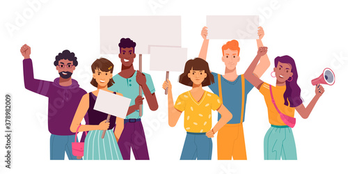 People with protest placards and banners, holding signs in hands, vector flat cartoon. Angry protesters and activists on strike demonstration or manifestation with blank banner placards and megaphone