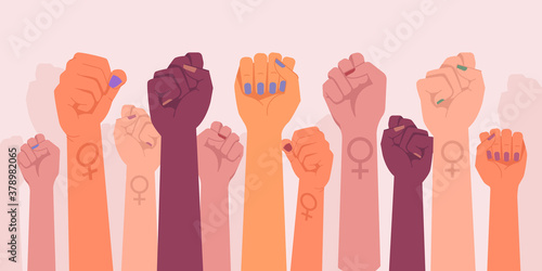 Feminism fists, protest and revolution, feminists fight, vector cartoon flat hands. Feminism activists fist symbol of strength, equality and riot, woman rights union, female power and solidarity