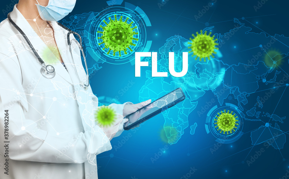 Doctor fills out medical record with FLU inscription, virology concept Doctor fills out medical record with FLU inscription, virology concept