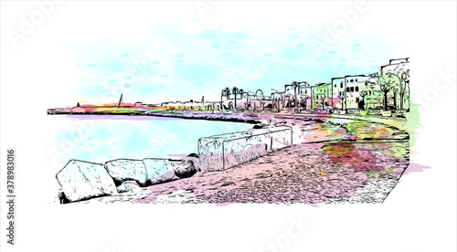Building view with landmark of Bari is a port city on the Adriatic Sea. Watercolor splash with hand drawn sketch illustration in vector.