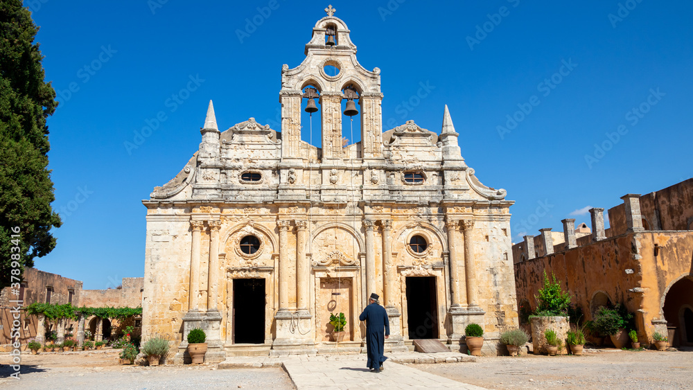 Arkadi, Greece - August 19, 2020 - The historic monastery church in the famous Arkadi Monastery on the island of Crete