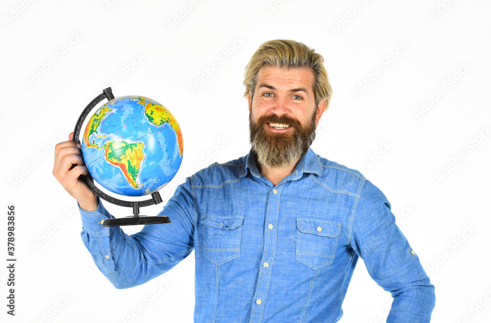 Earth day. Global and international concept. Protect Earth. Eco movement. Geography teacher. Earth globe. Pick next destination point. Travel and wanderlust. Bearded man with globe. Ecology problem Earth day. Global and international concept. Protect Earth. Eco movement. Geography teacher. Earth globe. Pick next destination point. Travel and wanderlust. Bearded man with globe. Ecology problem