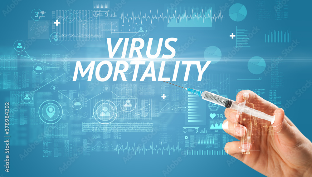 Syringe needle with virus vaccine and VIRUS MORTALITY inscription, antidote concept Syringe needle with virus vaccine and VIRUS MORTALITY inscription, antidote concept