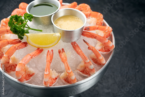 Shrimp on plate, Seafood buffet line in hotel restaurant