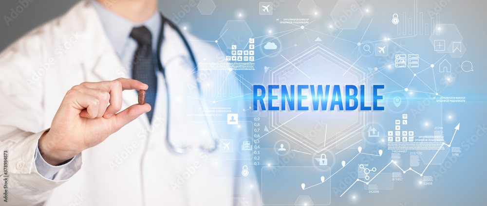 Doctor giving a pill with RENEWABLE inscription, new technology solution concept Doctor giving a pill with RENEWABLE inscription, new technology solution concept