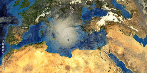 Medicane Ianos Mediterranean Hurricane approaching Greece. Shot from Space. Elements of this 3D rendering are furnished by NASA. photo