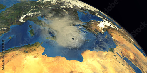Medicane Ianos Mediterranean Hurricane approaching Greece. Shot from Space. Elements of this 3D rendering are furnished by NASA. photo