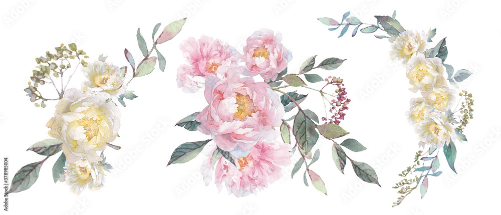 Watercolor set with bouquets of peonies and herbs.