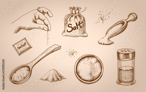 Hand with the salt shaker, Salt in a sack, package with salt crystals retro illustration