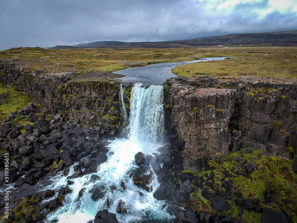 Drone Shot of Oxarafoss, Pingvellir National Park, Iceland, Drone Shot of Oxarafoss, Pingvellir National Park, Iceland,