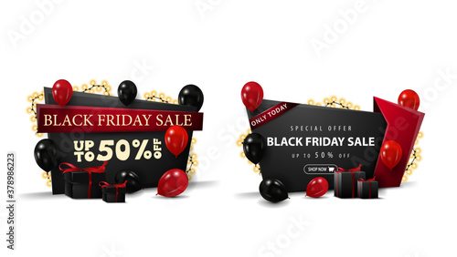 Set of Black Friday discount banners in cartoon style decorated with red and black balloons, bright garlands and presents