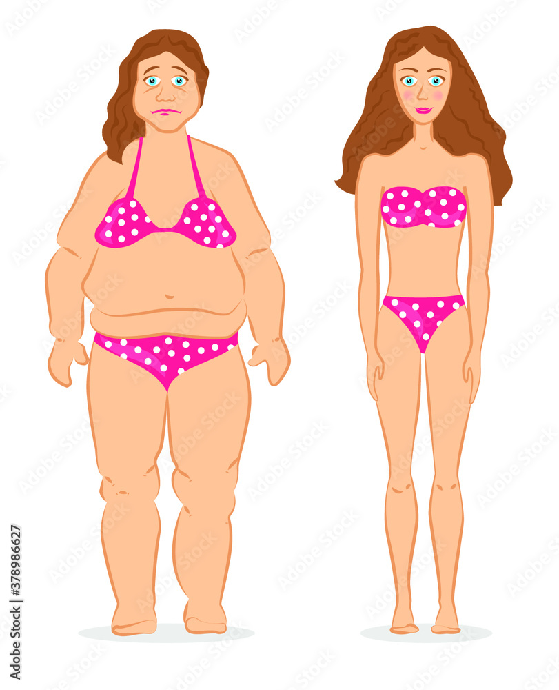 Skinny girl and fat girl. Healthy lifestyle and unhealthy lifestyle Skinny girl and fat girl. Healthy lifestyle and unhealthy lifestyle