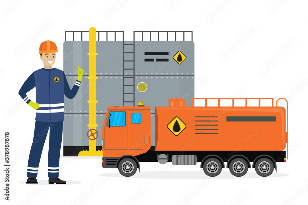 Φωτογραφία Petroleum truck, oil storage tank, happy caucasian oilman or engineer