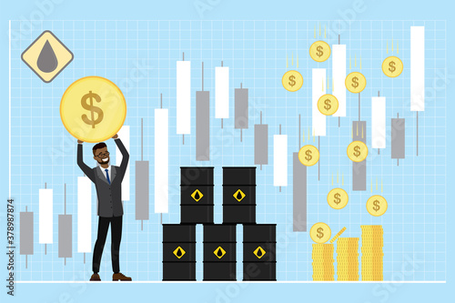 African american businessman or trader sell and buy petroleum. Business person with huge money profit, stack oil barrels.