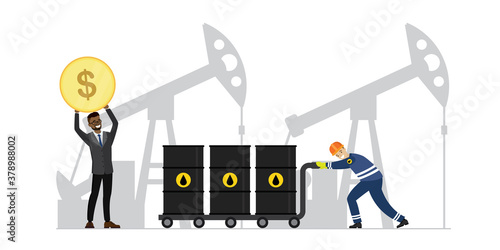 Happy businessman holds golden coin, oilman push cart with barrels. Working oil pump jack on background. Petroleum production and processing,