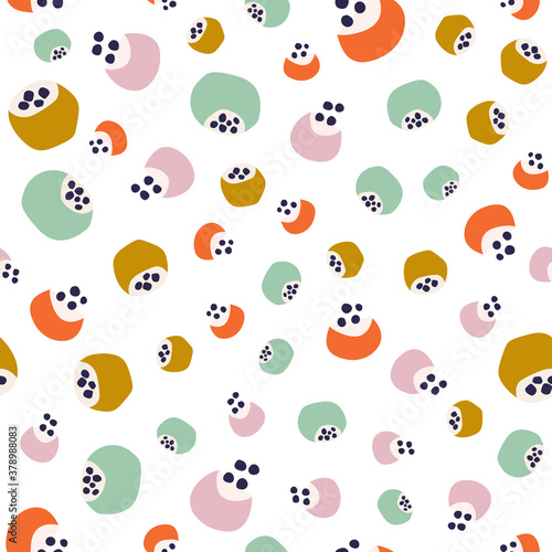 Multicolored stylized berries with seeds isolated on white background. Cute vector seamless pattern. Cartoon natural backdrop. Simple flat style for textile, wrapping paper, wallpaper, kid's printing.