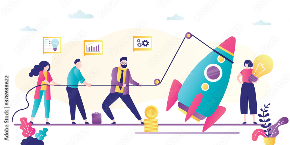Businesspeople using rope for rocket launch. Business team create new project. Teamwork, new startup development. Businesspeople using rope for rocket launch. Business team create new project. Teamwork, new startup development.