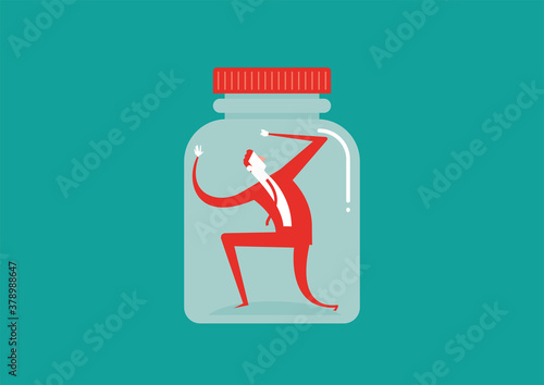 Businessman trapped in a bottle. Flat vector illustration.