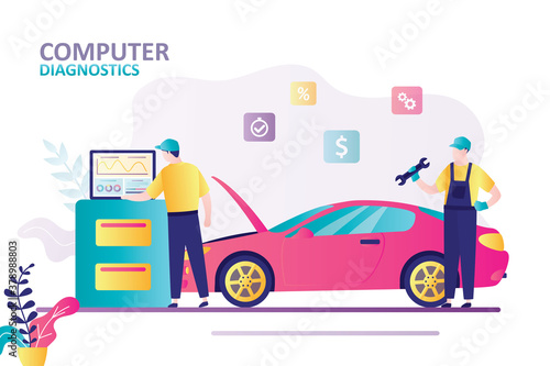 Qualified automotive technician making computer diagnostics of automobile. Car repair shop banner template.