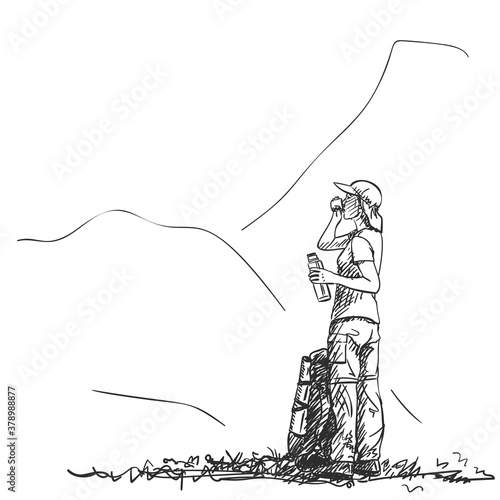 Girl is standing in mountains with backpack on ground and drinking from thermos, Vector sketch Hand drawn illustration