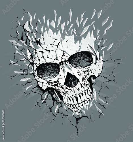 Vector illustration of skull with cracked appearance and background texture.