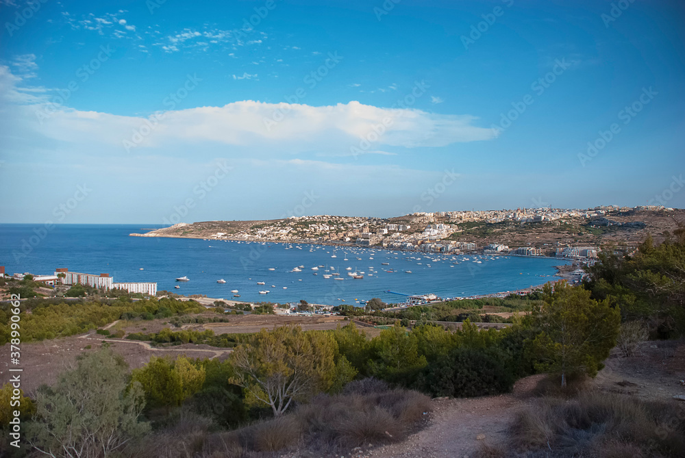 View looking down on Mellieha Bay  in Malta