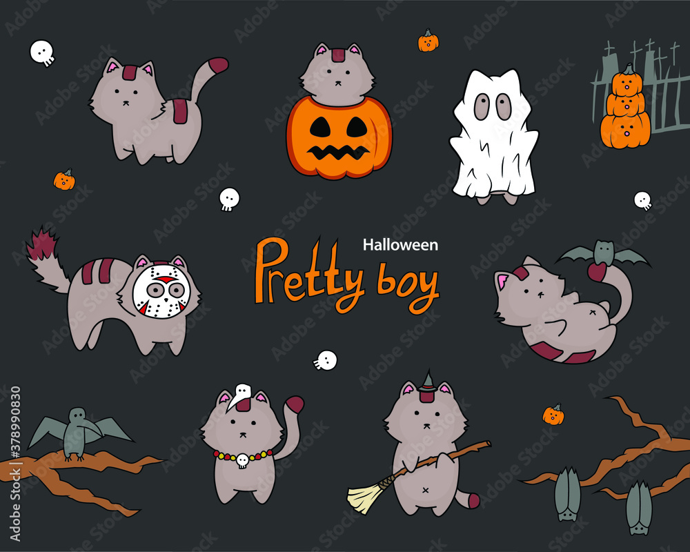 Pretty boy cat. Halloween pack with pumpkin, skull and raven. Pretty boy cat. Halloween pack with pumpkin, skull and raven.