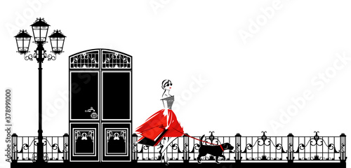 beautiful young woman with shopping bags and beagle dog on the leash - city street pet walk vector scene