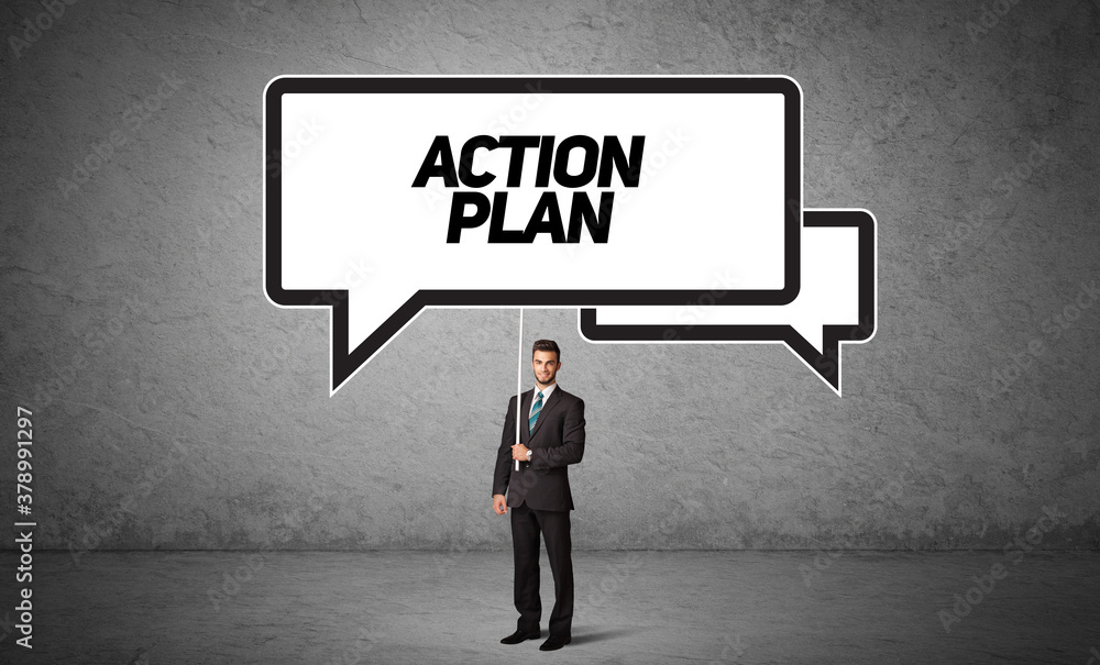 Young business person in casual holding road sign with ACTION PLAN inscription, new business idea concept Young business person in casual holding road sign with ACTION PLAN inscription, new business idea concept