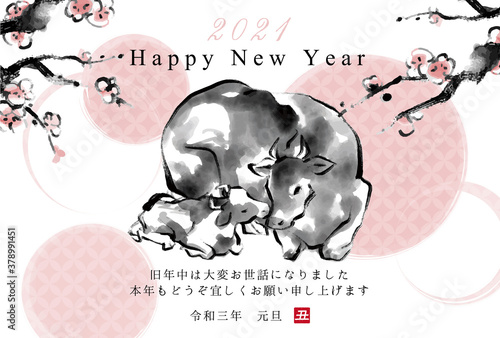 2021年丑年　牛の親子と梅の木の水墨画イラスト入り年賀状