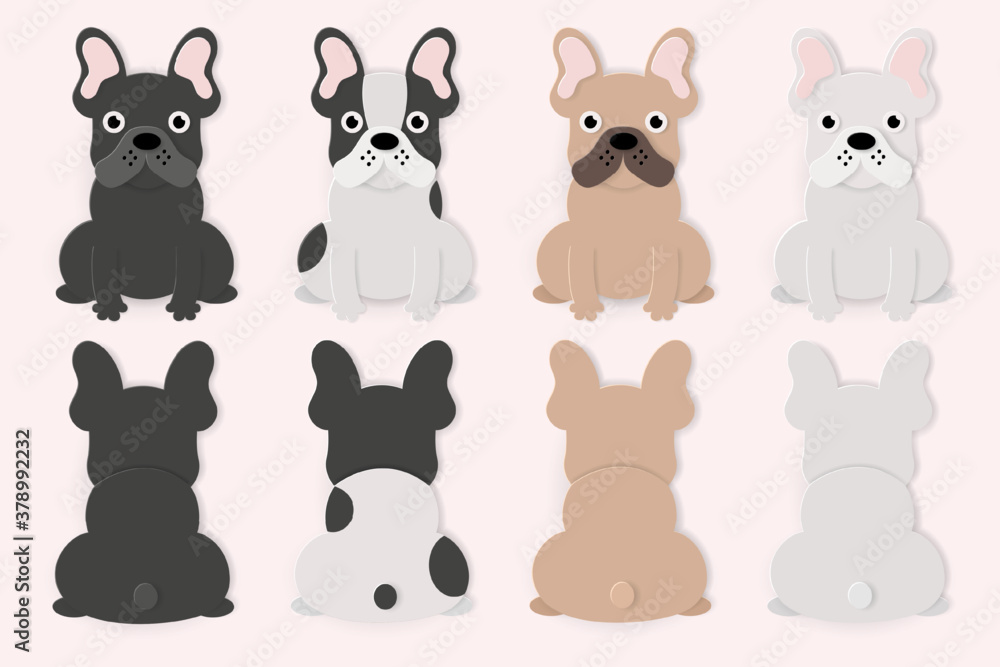 Fototapeta premium Vector paper art and landscape, Digital craft style of funny cartoon french bulldog on white background.