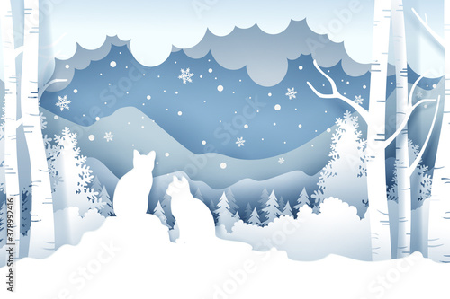Christmas day and Cats in pine forest with snow in the winter season. Background of landscape paper art style.