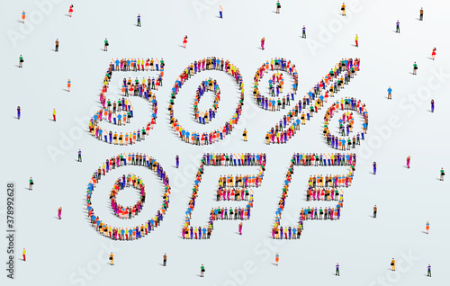 50 Percent off. Large group of people form to create a shape 50% off. Special Offer Sale Design. Vector Illustration of advertising banner.