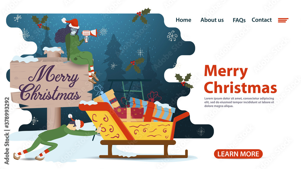 banner for Christmas and new year design of web pages mobile applications little elf pushes Santa Claus sleigh with gifts flat vector illustration
