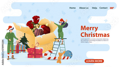 banner for Christmas and new year design of web pages mobile applications elves stand near an open box with rose flowers and balloons flat vector illustration