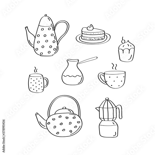 Teapot and cup collection. Tea time doodle elements. Linear vector illustration