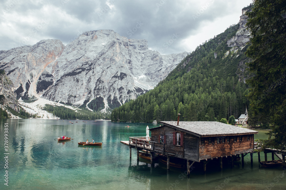 Wooden house in Lago di Braies, Dolomites Alps, Italy