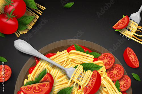 Pasta and a fork with basil and sauce. Spaghetti. Organic meal. Traditional italian food. Natural eating. Cooking lunch. Concept Macaroni design. Pasta on a plate with a fork and sauce. 