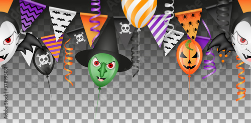 halloween seamless banner with balloons, pennants and streamers	