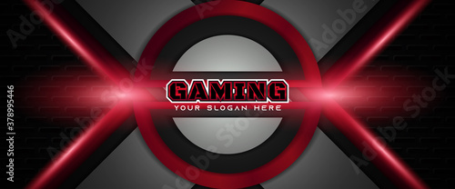 Futuristic red and black abstract gaming banner design template with metal technology concept. Vector illustration for business corporate promotion, game header social media, live streaming background