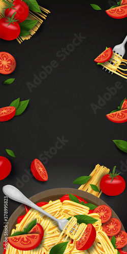 Pasta and a fork with basil and sauce. Spaghetti. Organic meal. Traditional italian food. Natural eating. Cooking lunch. Concept Macaroni design. Pasta on a plate with a fork and sauce. 