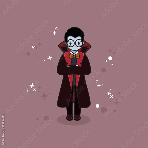 cute dracula mascot vector design. kids halloween character with dracula costume. its suitable for your greeting card, poster, banner, leanding page, sticker and etc.
