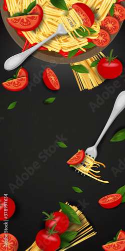 Pasta and a fork with basil and sauce. Spaghetti. Organic meal. Traditional italian food. Natural eating. Cooking lunch. Concept Macaroni design. Pasta on a plate with a fork and sauce. 