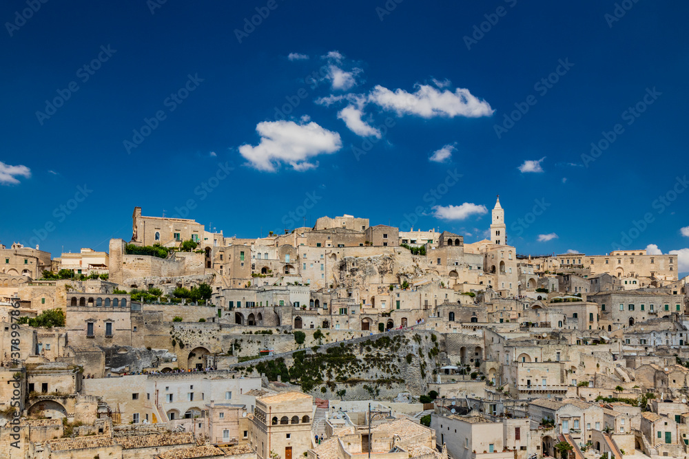 Matera, Basilicata, Italy - Panoramic view from the top of the Sassi of Matera, Barisano and Caveoso. The ancient houses of stone and brick, carved into the rock.