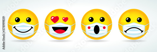 High quality yellow vector cartoon emoticons icons in medical mask. Social media chat comment icon reactions template: smile, love, sad, wow emoji. Laughter character with guard mouth mask