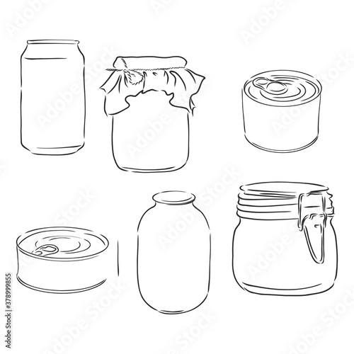 Sketch of different mason jars, metal cans and bottles. Hand-drawn vector illustration. can of canned food vector sketch illustration