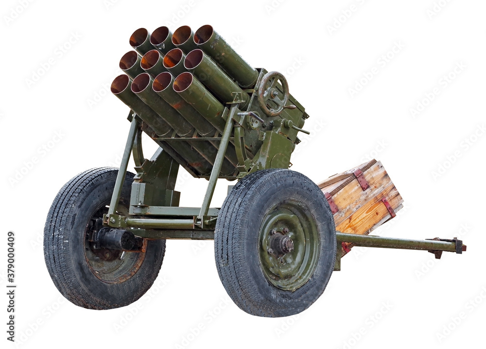 Old mobile rocket launcher isolated over white Old mobile rocket launcher isolated over white