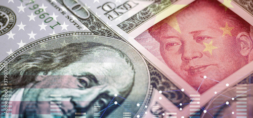 Cuadro en lienzo details of dollar and yuan banknotes with charts and lines, background image for global financial market