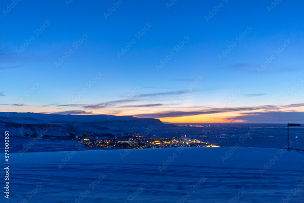 Pre-dawn mountain landscape in Iceland. Unusual light.